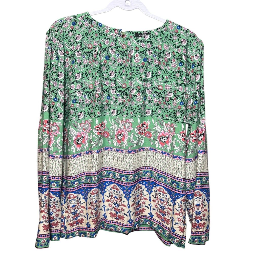 NWT Unique 2 green multi-floral print long-sleeve boho blouse M